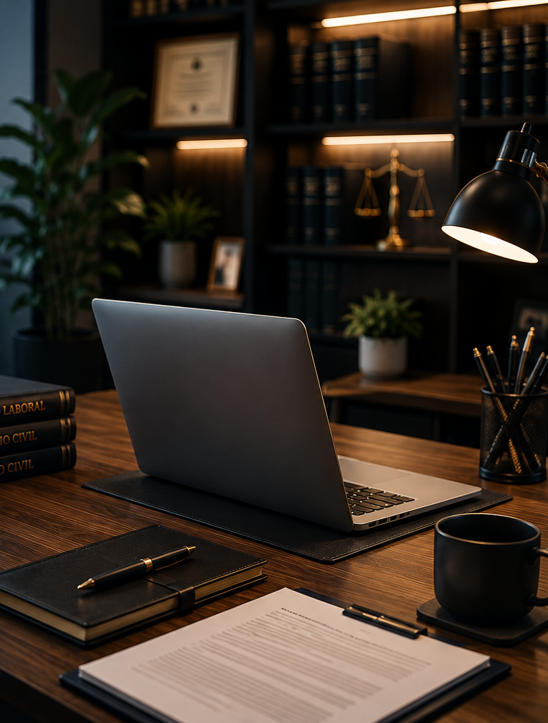Oficina jurídica moderna con escritorio, notebook y biblioteca